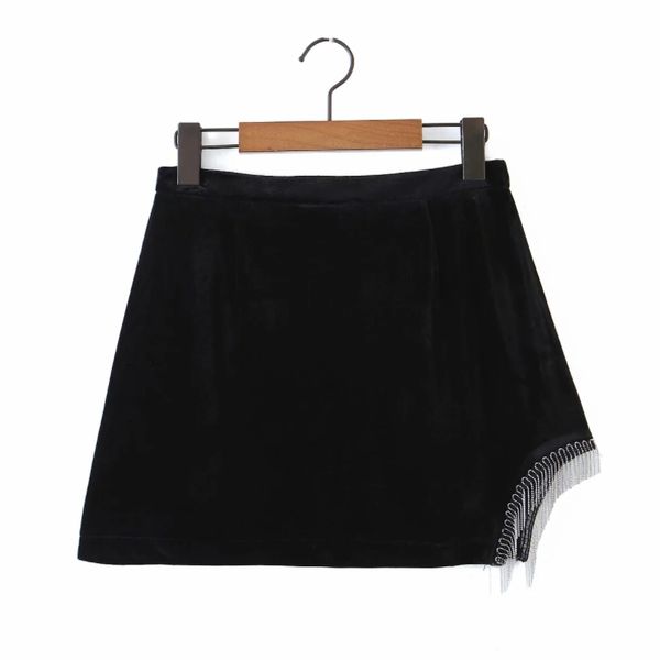 

spring women tassel decoration black velvet casual mini skirt fashion female p1992 210430