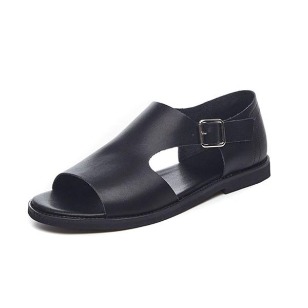 

sandals retro hollow out open toes mens summer beach fashion genuine leather gladiator shoes high casual slippers streetwear, Black