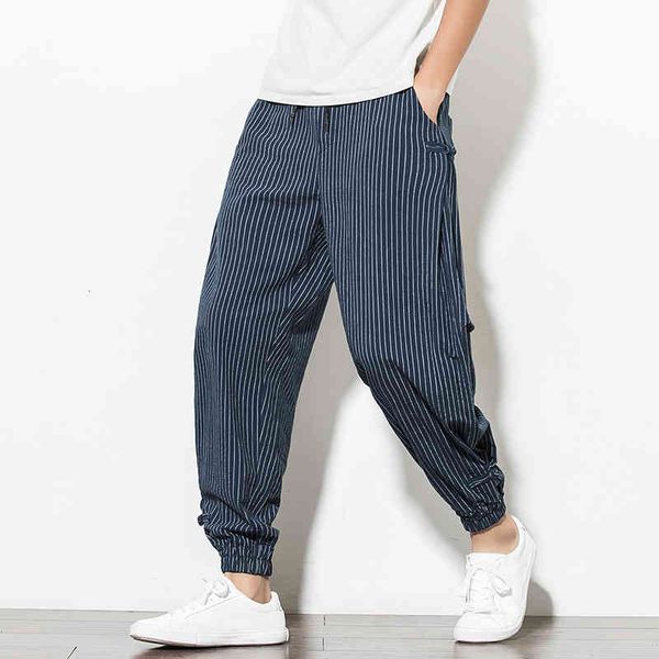 

pant harem korean style casual loose cotton linen striped men sweatpants jogger pants streetwear trousers, Black