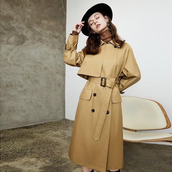 

women's trench coats windbreaker autumn and winter 2022 loose double-breasted over the knee long british coat female trend, Tan;black