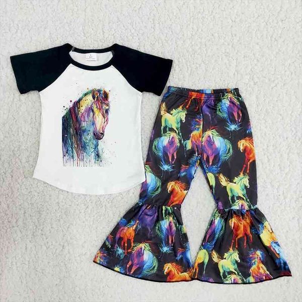 

girl black short sleeve shirt match bell pants fashion summer cartoon horse outfit for children, White