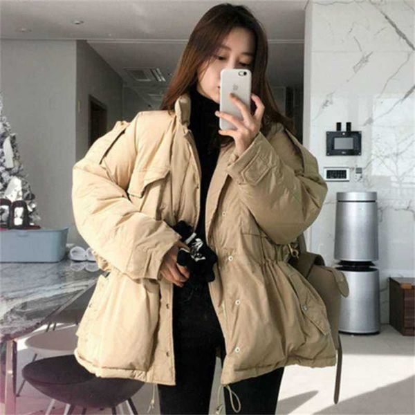 

korea women winter thick solid cotton parka drawstring slim waist overcoat oversize coat jacket zipper outerwear with pocket 210927, Black