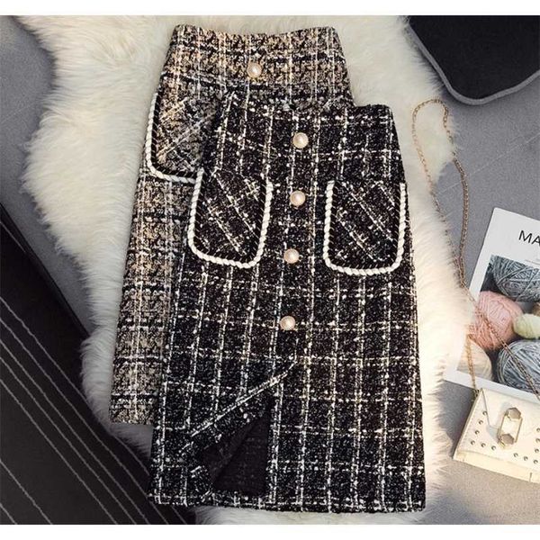 

small fragrance tweed skirt women slim a-line winter single breasted knee length skirt plus size 211124, Black