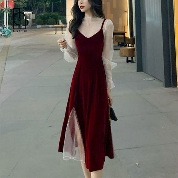 

luck a spring elegant vintage set turtleneck long sleeve shiny blouse +strapless velvet split midi dress two pieces suit 211106, White