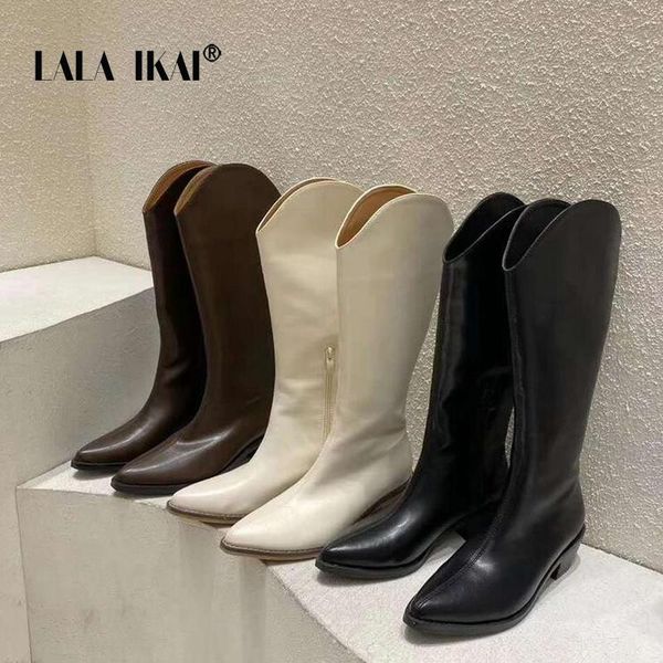 

boots lala ikai women beige high heels wedges long lady riding cowboy autumn designer pointed toe knee-high, Black