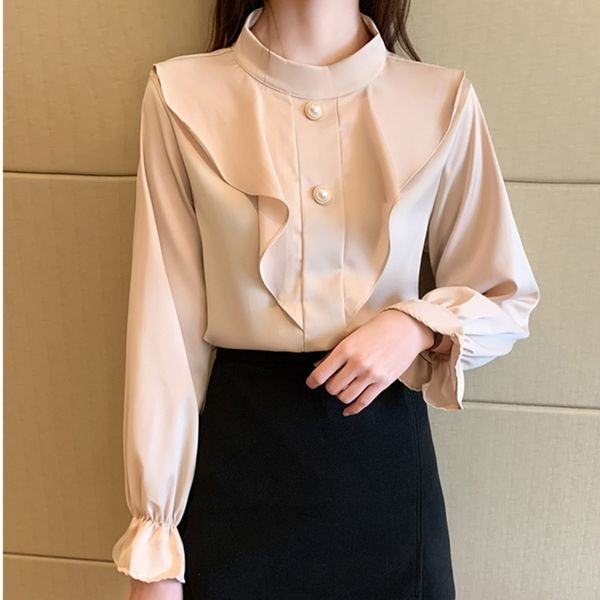 

women blouses shirts spring fashion korean style elegant office lady solid ruffle ladies 210520, White