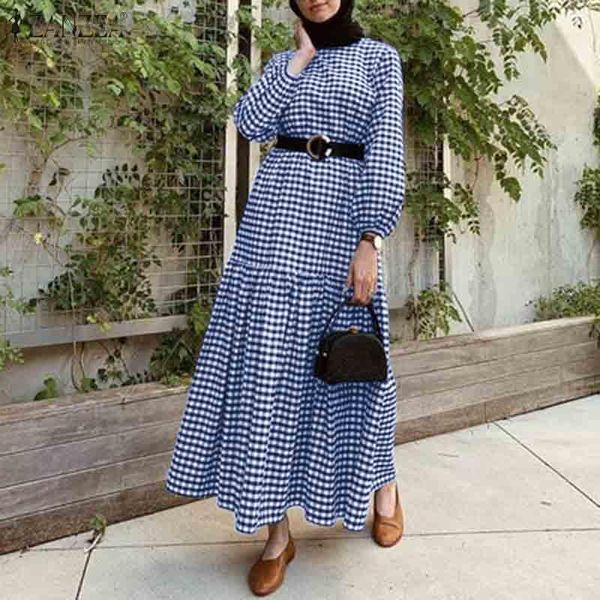 

muslim dress women plaid checked long puff sleeve sundress zanzea autumn vintage kaftan vestido femme party robe plus size casual dresses, Black;gray