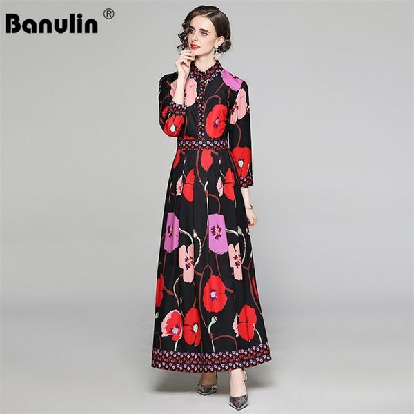 

banulin spring runway long dress women's turn down neck sleeve vintage floral print casual holiday party dresses 210603, Black;gray