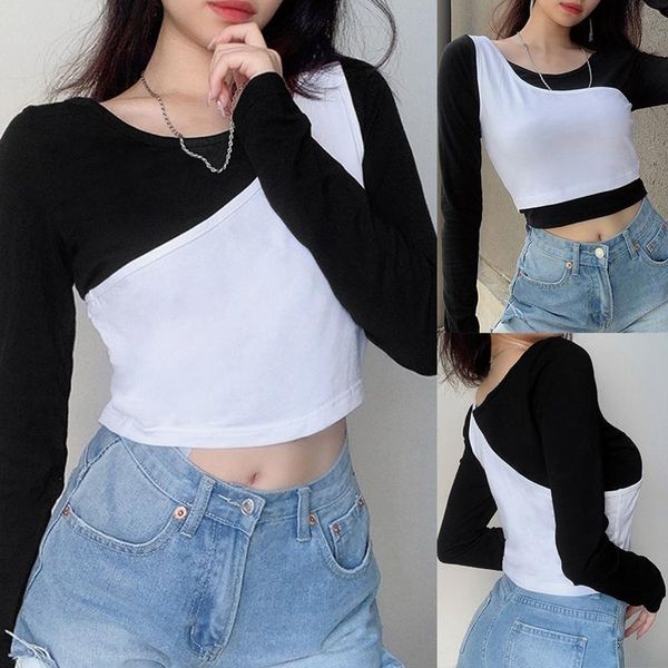 

women's tracksuits layered and contrasting color one-shoulder vest long-sleeved 2-piece feminine slim crop autumn, Gray
