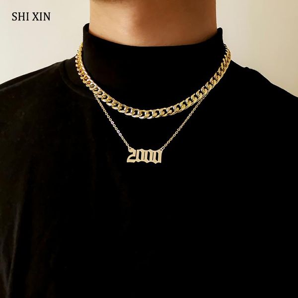 

pendant necklaces shixin layered thick link chain choker necklace men/women punk with letter 2000 fashion jewelry 2021 gift, Silver
