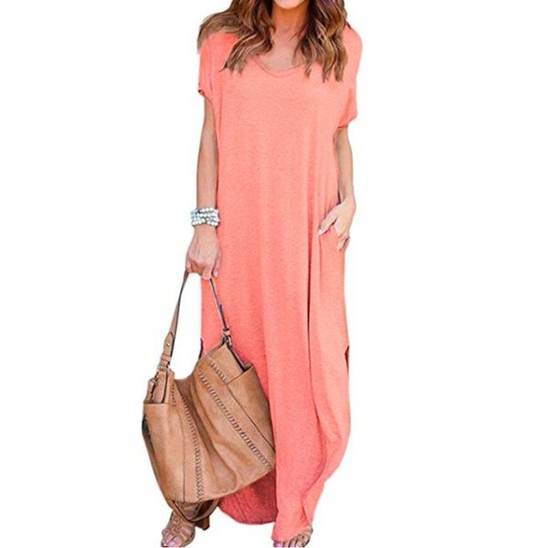 

casual dresses womens loose summer beach dress short sleeves simple floor-length long holiday robe pink oversized female vestido, Black;gray