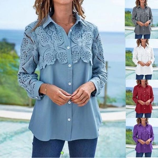 

faux denim lace stitching turndown collar blouse, White