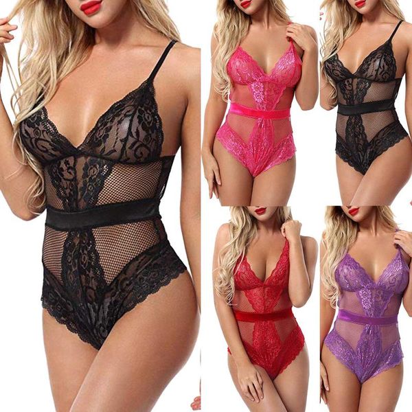 

bras sets lace lingerie erotic costumes women's transparent underwear nightwear female temptation jumpsuit clothes, Red;black