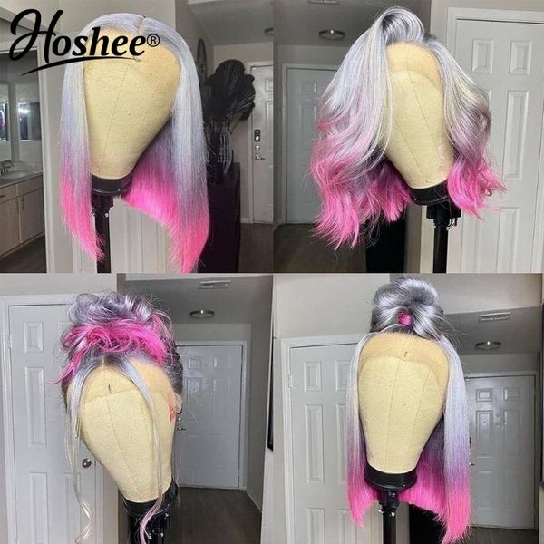

lace wigs grey pink purple blue green ombre bob wig front human hair for women peruvian virgin short, Black;brown