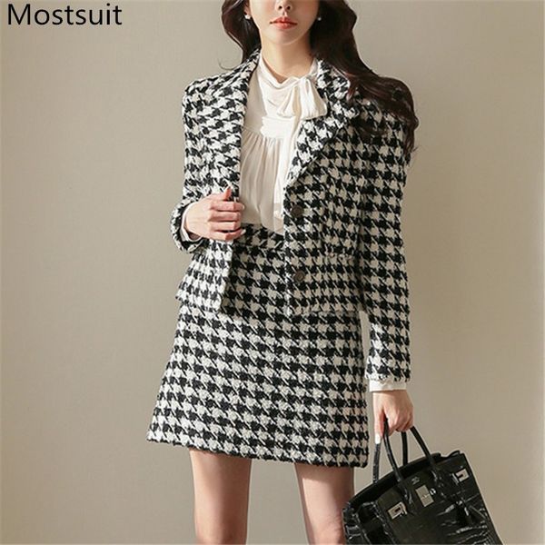 

hounstooth wool&blend two piece skirt suits sets women full sleeve blazer + mini a-line outfits korean elegant ladies set 210518, White