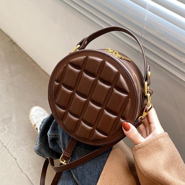 

luxury small chocolate grid round crossbody bags for women 2021 female designer shoulder handbags vintage pu leather purses