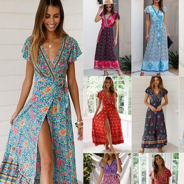 

women summer womens dresses retro floral print long dress elegant beach belt v neck appearance maxi bohemian, Black;gray