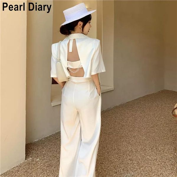 

women's two piece pants korean summer outfits set women loose hollow out short sleeve crop blazer and high waist strap jumpsuits su, White