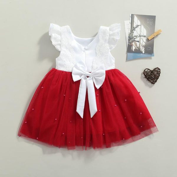 

girl's dresses 2021 0-6y toddler baby girls princess dress flower lace o neck white pearls bow red tulle patch tutu summer for party, Red;yellow