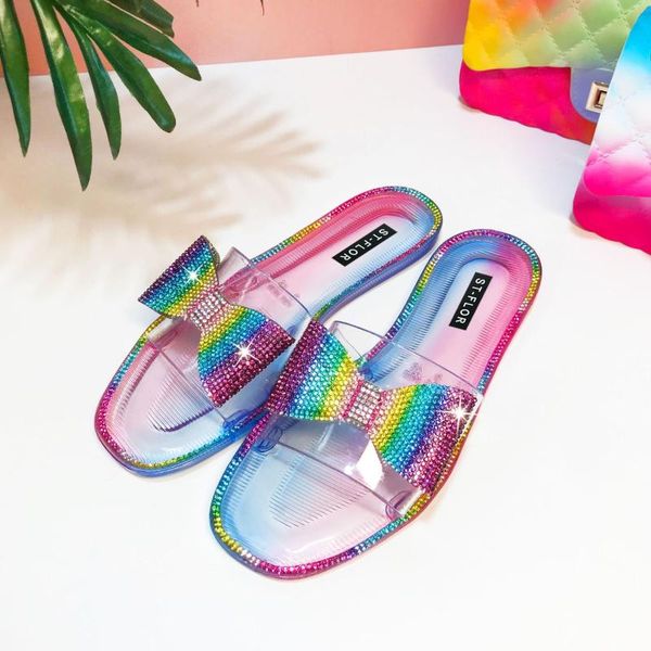 

slippers women rainbow woman crystal transparent slides ladies rivet flats 2021 summer casual mixed color beach shoes big size, Black
