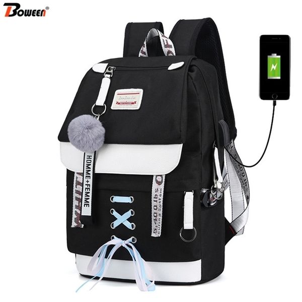 Leinwand USB Schultaschen für Mädchen Teenager Rucksack Frauen Büchertaschen Schwarz Große Kapazität Middle High College Teen Schultasche 211013