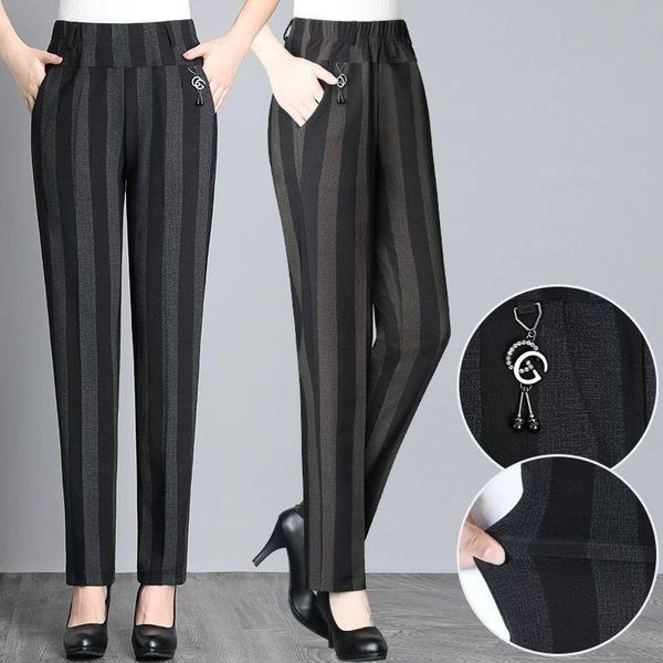 

women's pants & capris 2021 spring summer middl aged women stripe elastic high waist casual straight female trousers clothing ropa muje, Black;white