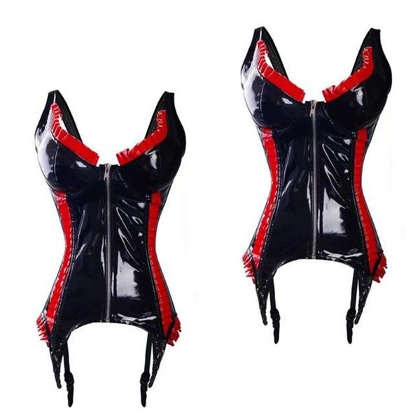 

women's shapers black red ruffles pvc latex corset panty thong set, Black;white