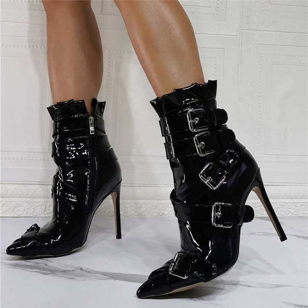 

boots fashion solid black strap design women stiletto zip ankle thin high heeled big size 47