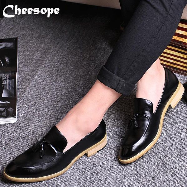 

dress shoes men genuine leather oxford british style pointed toe formal wedding wood bottom slip-on casual cow, Black
