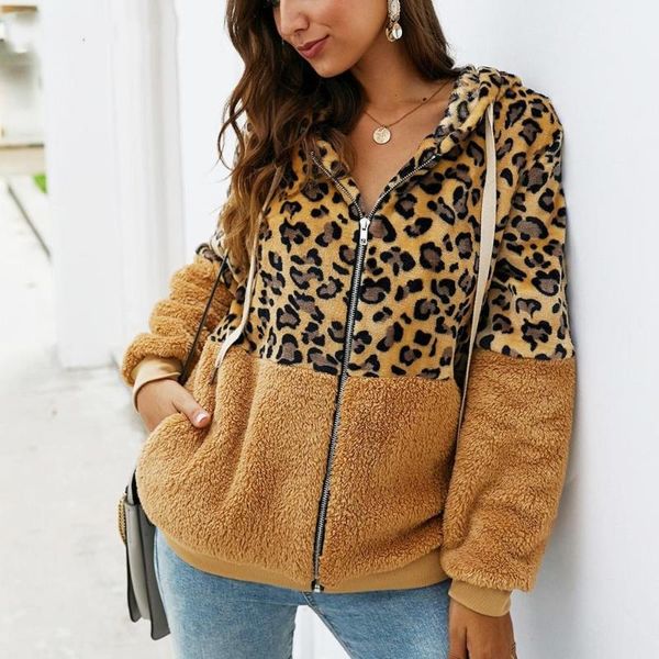 

women's fur & faux onelinefox leopard patchwork women teddy coat autumn hooded fluffy plush winter jacket plus size overcoat, Black