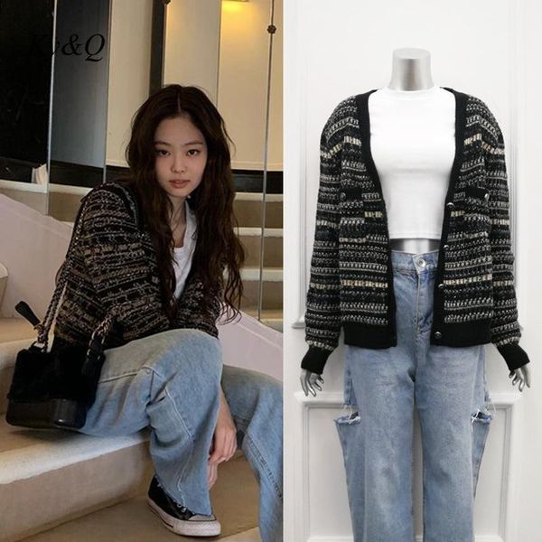 

women's jackets fashion stripe knitted cardigan single breasted retro gentle long sleeve loose v-neck temperamental women sweater coat, Black;brown