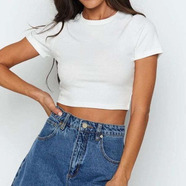 

women's t-shirt summer short sleeve white slim female t shirts soft cotton round neck ladies tees basic wlid ribbed mini 2021