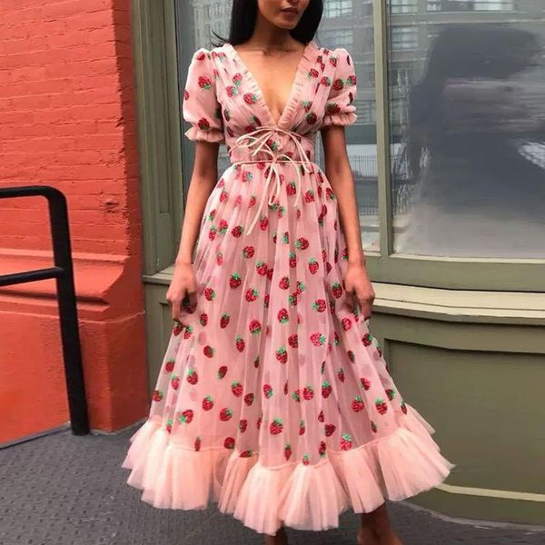 

party dresses dress v-neck french two-color sequined strawberry stamping short-sleeved mid-length mesh summer women, White;black