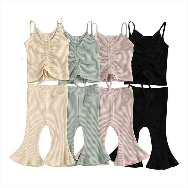 

summer solid infant baby girl strap flared pants simple style clothing set, White