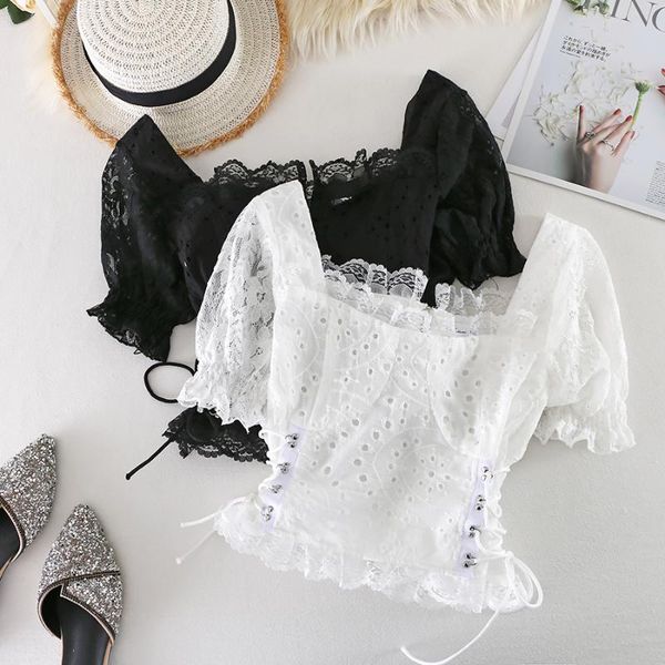 

women's t-shirt square neck lace crop women short sleeve mesh lace-up thin puff summer, White