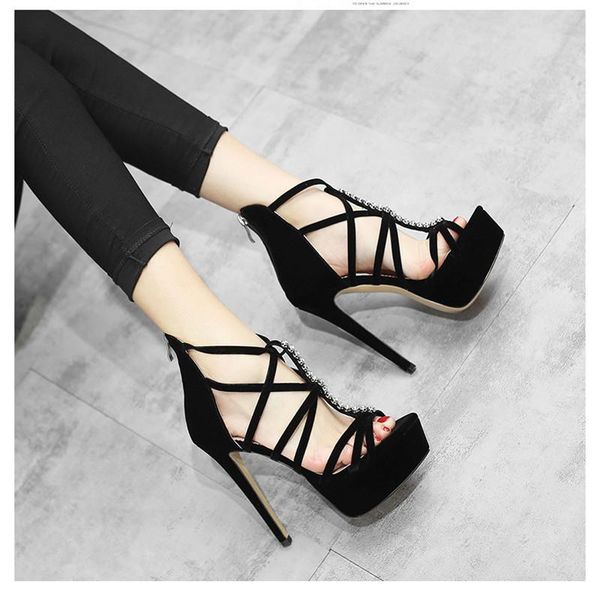 

summer waterproof platform diamond sky-high sandals dress shoes, Black