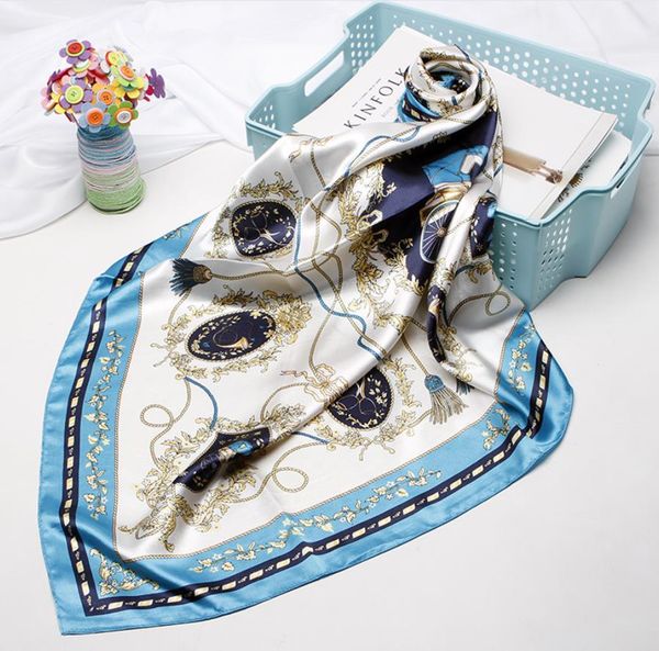 

scarves women silk foulard square scarf ladies satin shawl muffler pareo female for lady 90*90cm, Blue;gray