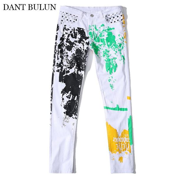

men's stretch fashion jeans color printed designer denim trousers slim hip hop casual skinny jean streetwear homme pant, Blue