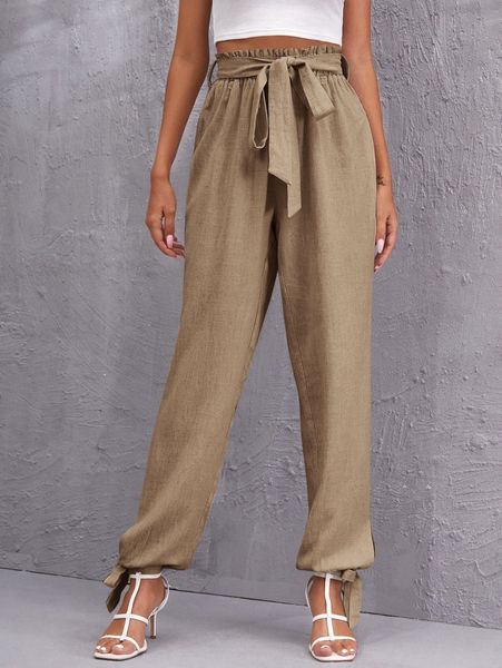 

paperbag waist belted knot hem pants l1vr#, Black;white