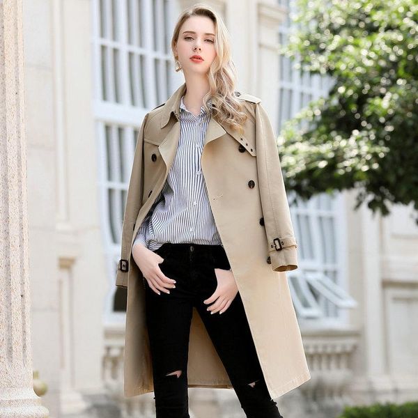 

women's trench coats 2021 europe styel women solid medium long with belt female full sleeve turn-down collar coat casual slim ol overco, Tan;black