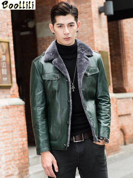 

men's leather & faux boollili genuine men sheepskin shearling coat real wool fur short autumn winter jacket, Black