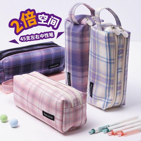 

pencil cases striped canvas case japanese jk double-layer bag large capacity pink stationery storage box