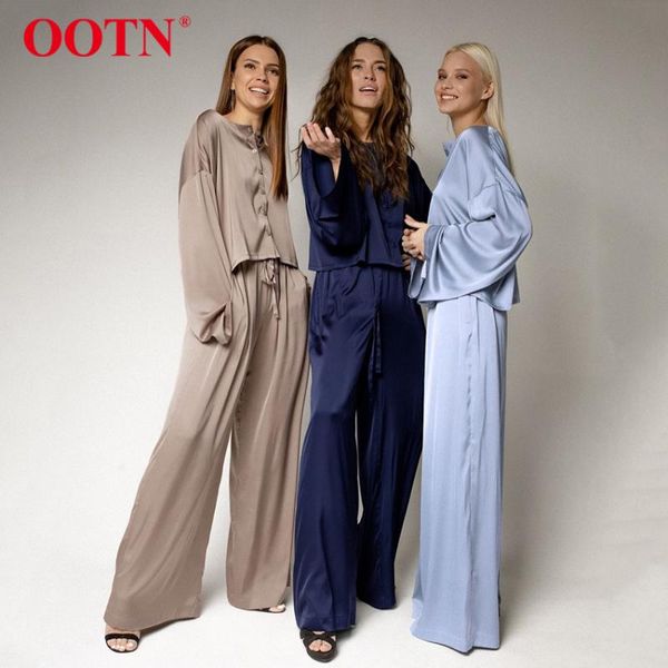 

spring long sleeve shirt women set satin two piece home wear suit wide leg pants ladies casual 2 blue women's, White