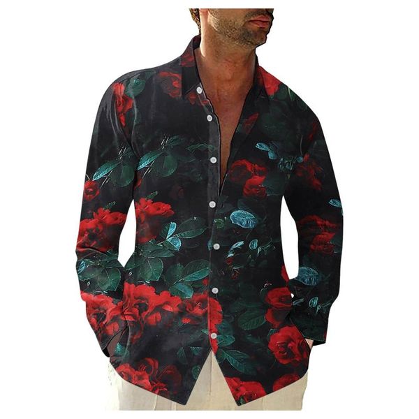 

men's casual shirts flower prints slim fit button up for men lapel loose long sleeved oversized shirt chemise homme, White;black