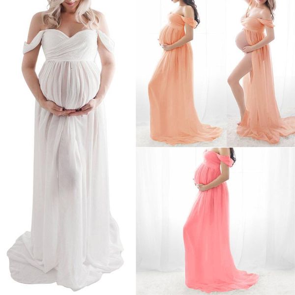 

casual dresses pregnancy shoulderless sleeveless split front soft maxi po props long maternity pography dress chiffon summer elegant 2afg, Black;gray