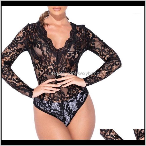 Tute Pagliaccetti Abbigliamento Drop Delivery 2021 Est Donna Pagliaccetto in pizzo nero Sexy Seethrough Profondo scollo a V Body elasticizzato Donna Lunga Sl