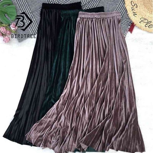 

autumn winter women golden velvet long skirt korean ladies elastic casual high waist skirts pleated bottoms b07004r 210408, Black