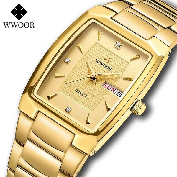 

wwoor square watch men with automatic week date luxury stainless steel gold mens quartz wrist watches relogio masculino 210609, Slivery;brown