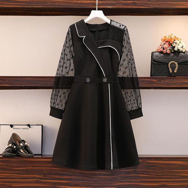 

casual dresses 5xl plus size women lace vintage dress autumn winter 2021 sleeve hollow out elegant patchwork black, Black;gray