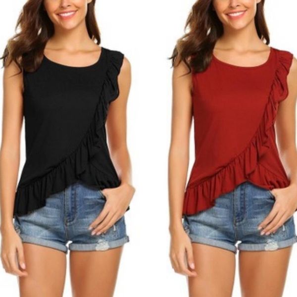 

women's t-shirt irregular hem and ruffle with unique personality atmosphere slim fitting round neck top, White